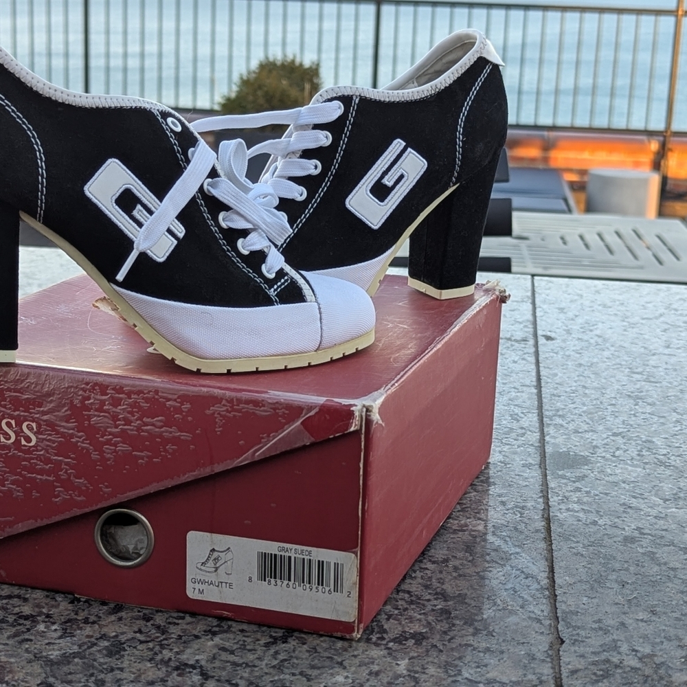 Vintage G By Guess Suede Black and White Lace-Up Heels